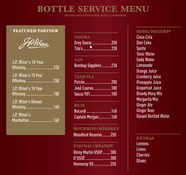 fox bottle service menu